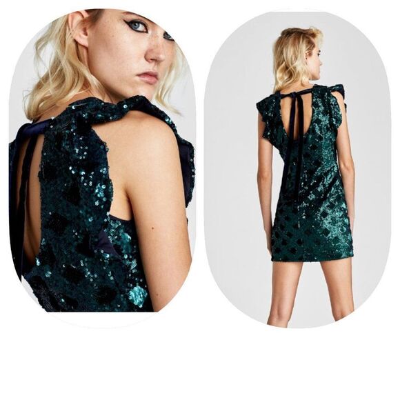 Zara Green Sequin Mini Dress - Picture 1 of 15